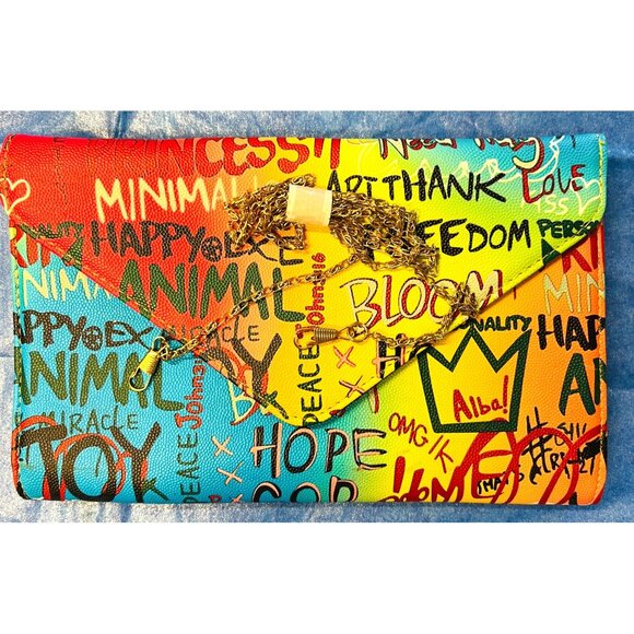 Graffiti Print Clutch Bag With Chain Crossbody Strap Magnetic Snap Closure 11x7” - Picture 1 of 4